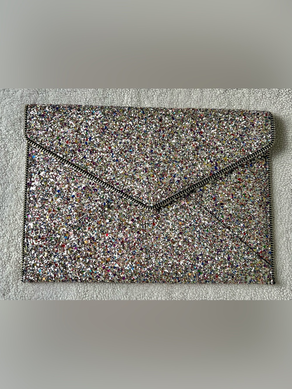 Rebecca Minkoff Glitter Rainbow Clutch Handbag Purse Silver Sparkly Colorful